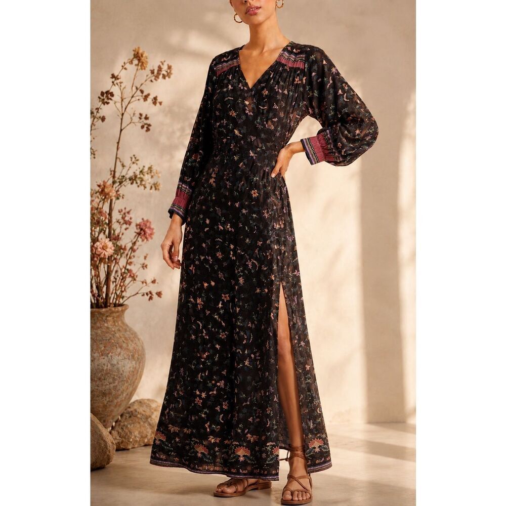 Natalie Martin Midnight Wildflower Silk Maxi Dress | Boho Luxe Long Sleeve Flora